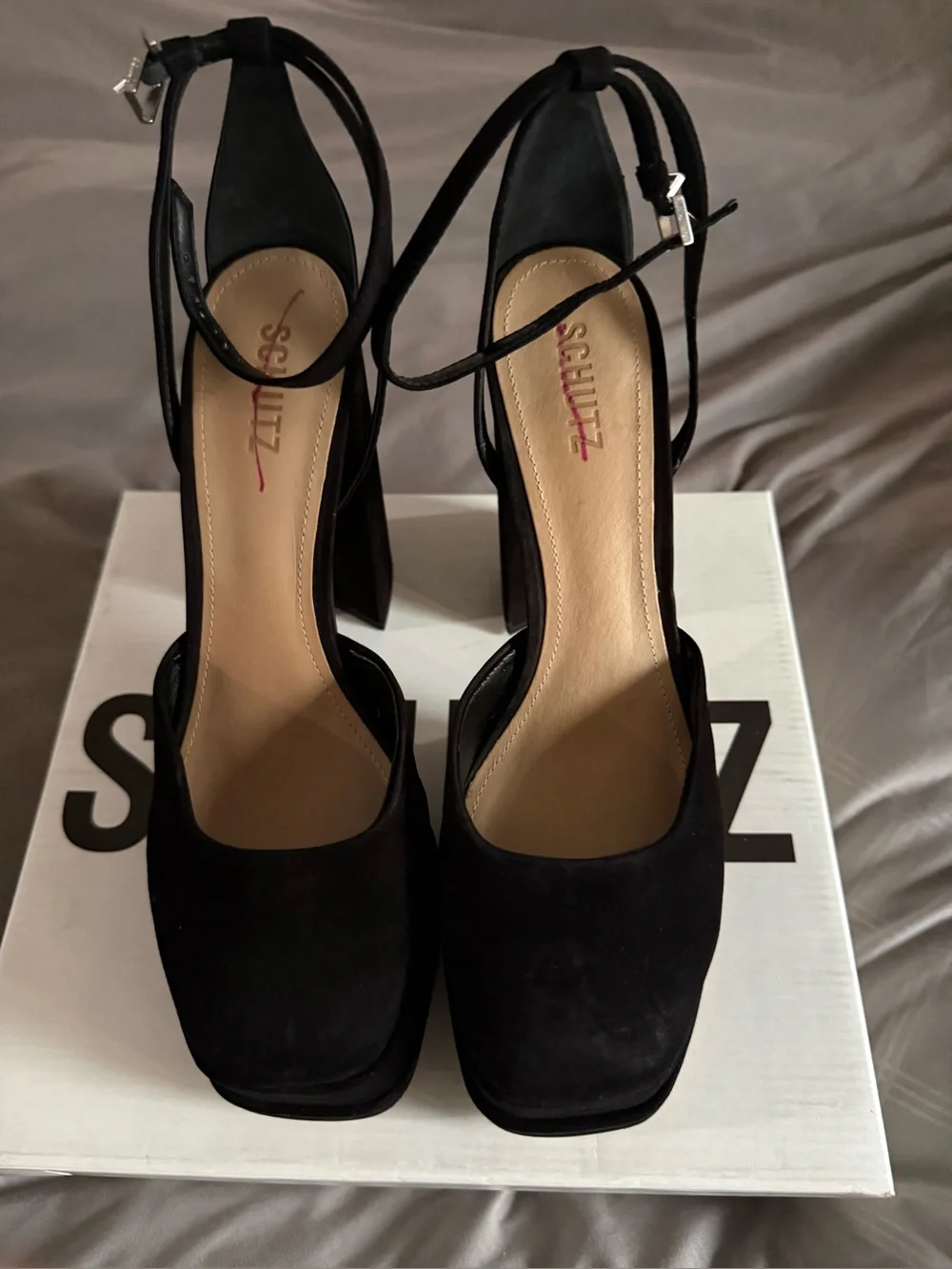 Schutz Luan Black Nubuck Platform Heels Block Pump Size [Insert Size]